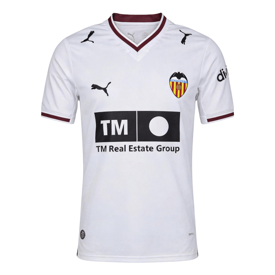 Men's Valencia 2026/27 home soccer jersey front view in white with dark red trim