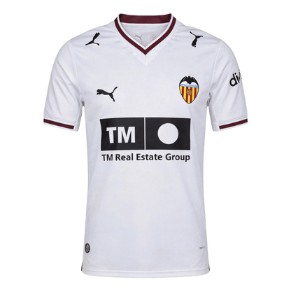 Men's Valencia 2026/27 home soccer jersey front view in white with dark red trim