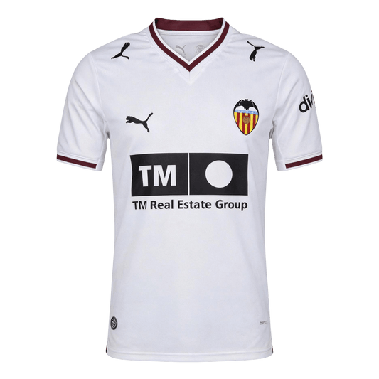Men's Valencia 2026/27 home soccer jersey front view in white with dark red trim